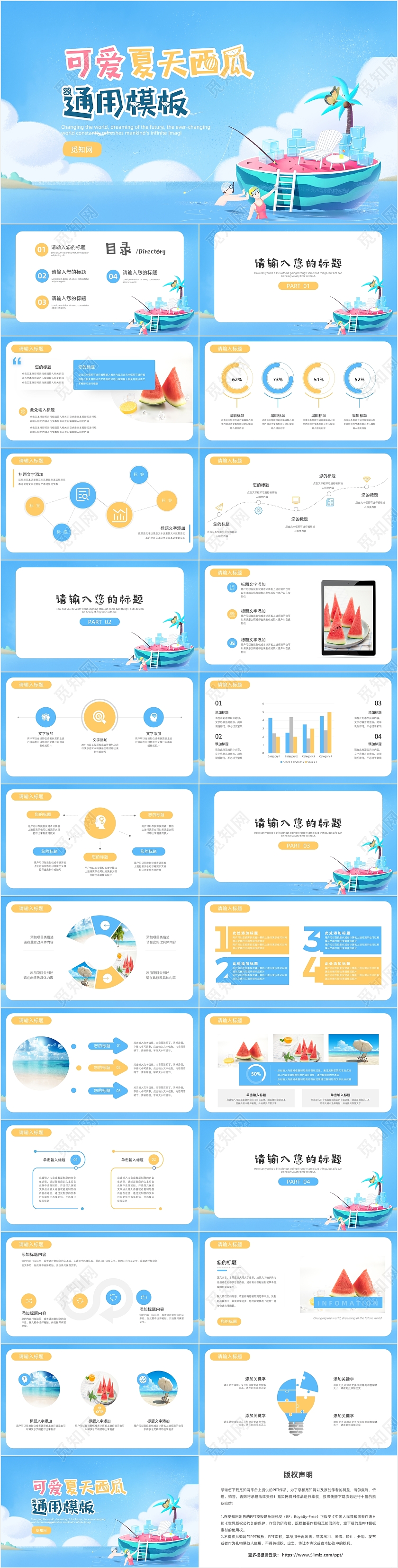 蓝色卡通可爱夏天西瓜通用夏季营销策划计划汇报PPT模板