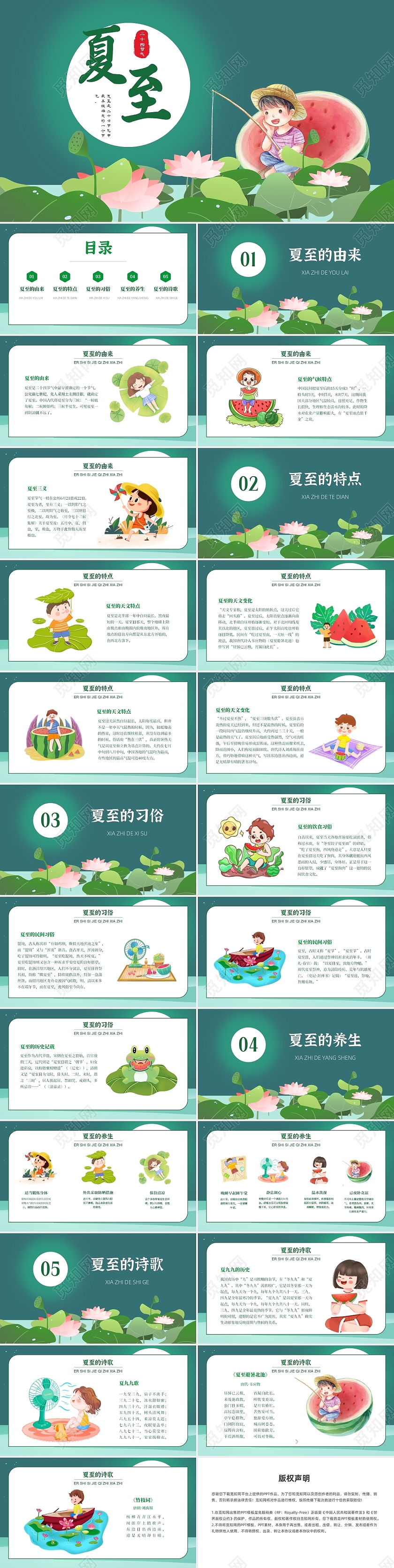 蓝绿清新卡通夏至班会PPT课件