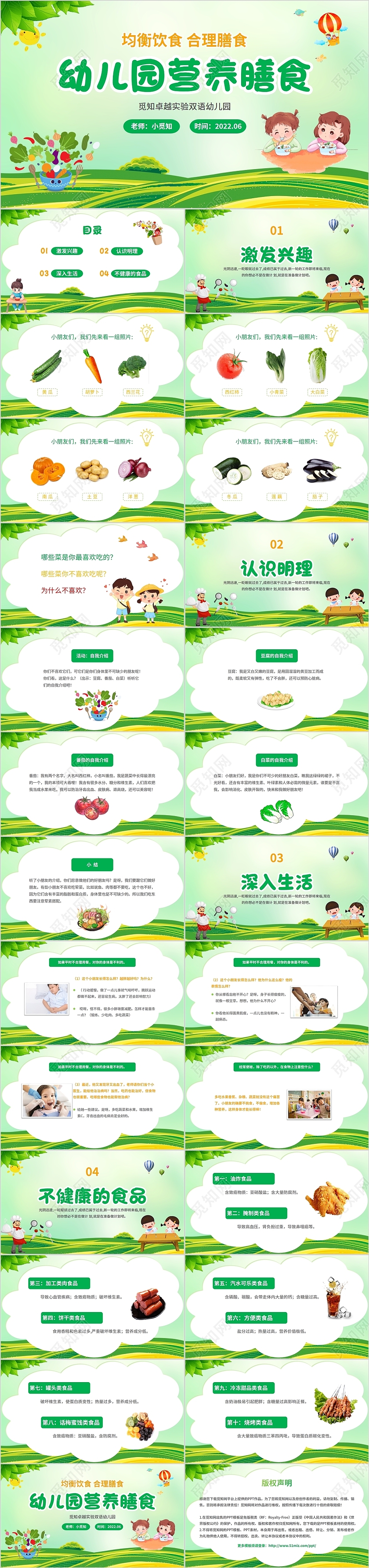 2022绿橙色清新卡通蔬菜幼儿园营养膳食主题班会学习活动培训