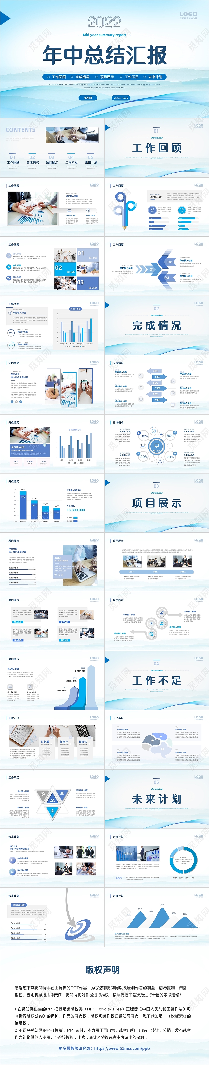 年终总结蓝色商务风年中总结PPT模板2022年中工作总结汇报