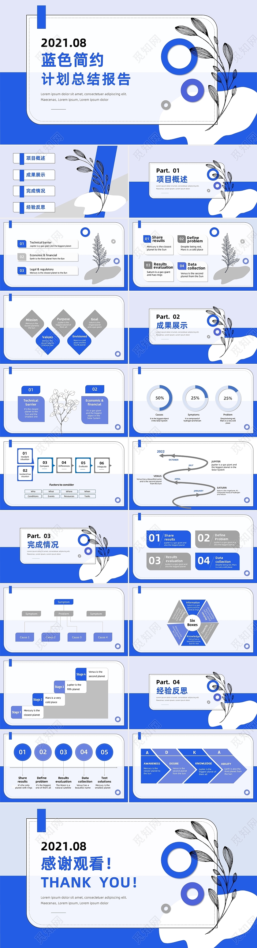 简约文艺风克莱茵蓝色扁平工作总结ppt克莱因蓝