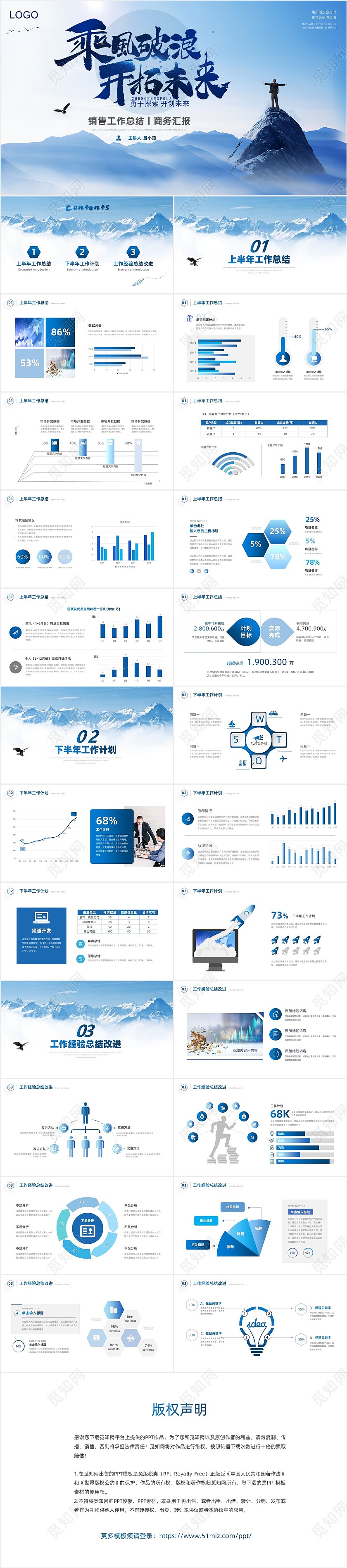 蓝色简约销售工作总结销售年中工作总结汇报