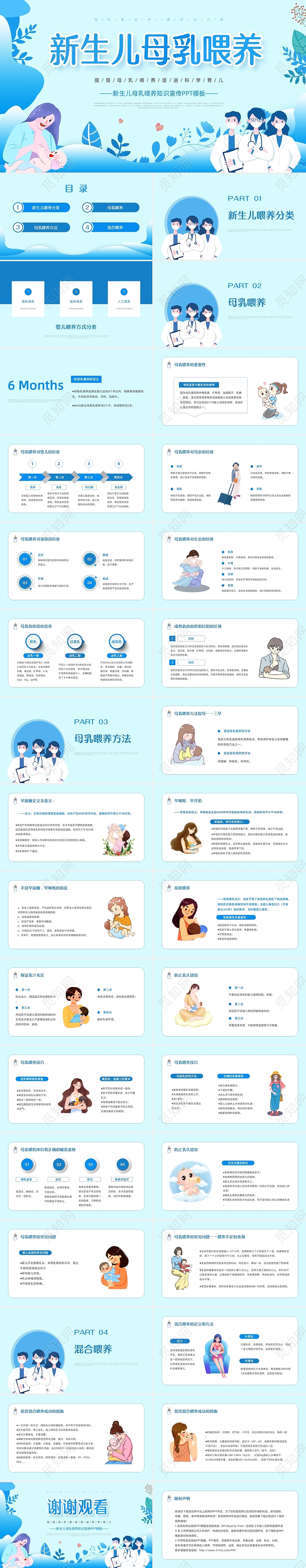 母乳喂养宣传周蓝色医疗风卡通新生儿母乳喂养PPT模板