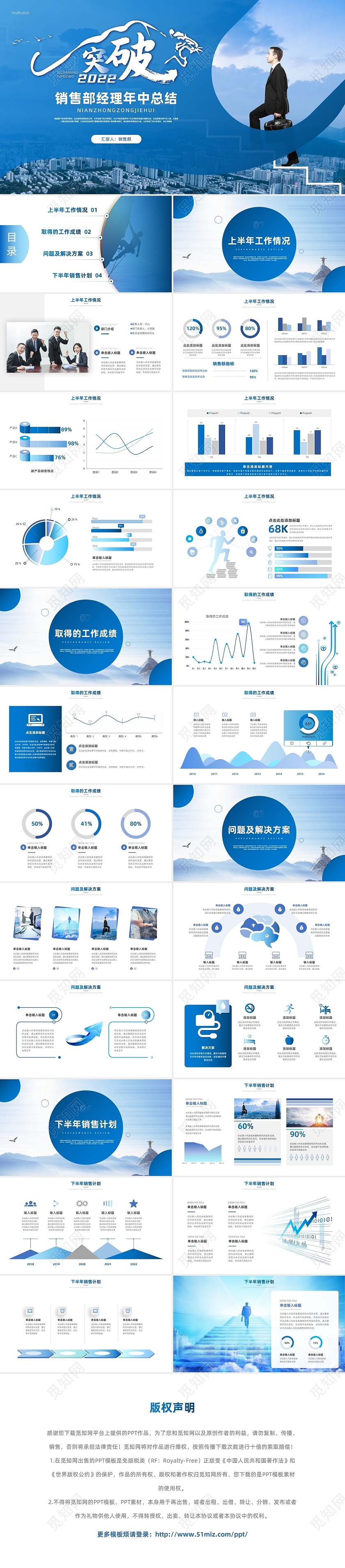 蓝色创意商务销售年中总结PPT模板销售部经理年中总结
