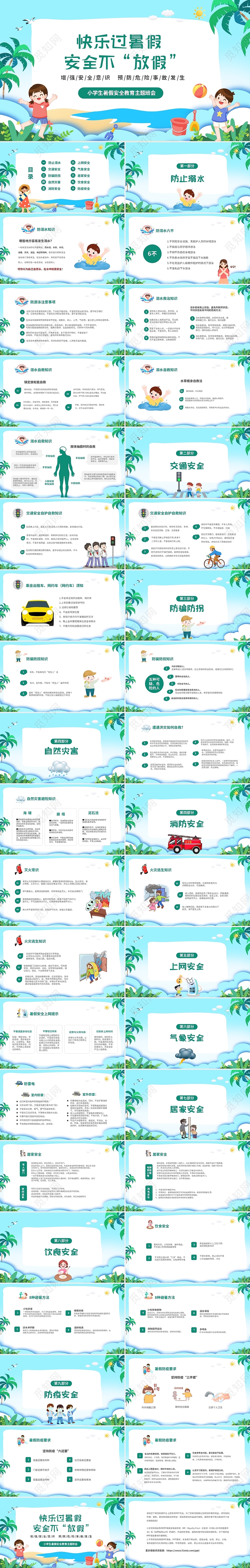 绿色夏天海洋沙滩卡通儿童快乐过暑假暑假安全教育主题小学生暑假安全教育
