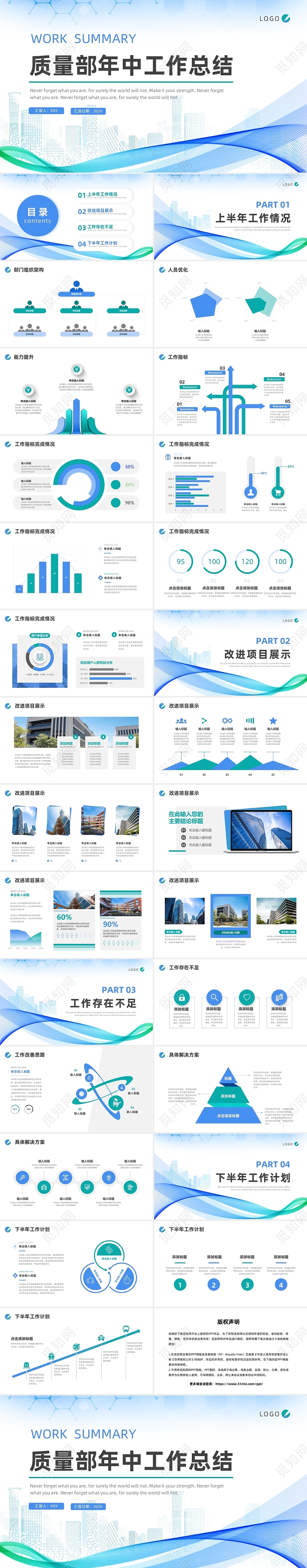蓝绿色简约线条质量部年中工作总结PPT模板质量部年中总结