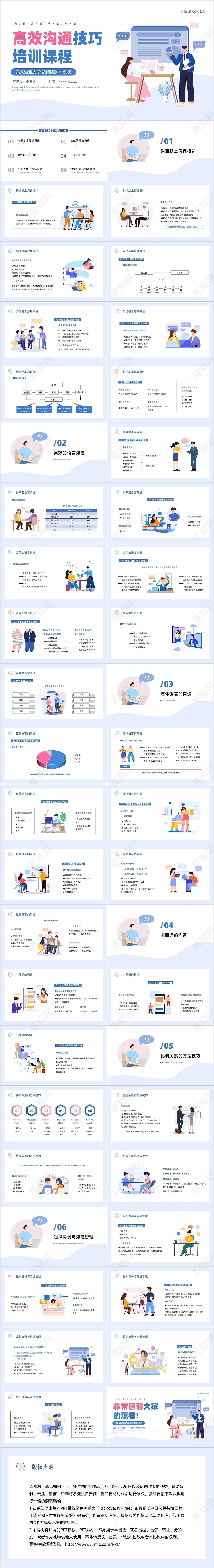 粉蓝色商务风插画卡通高效沟通技巧培训课程PPT模板