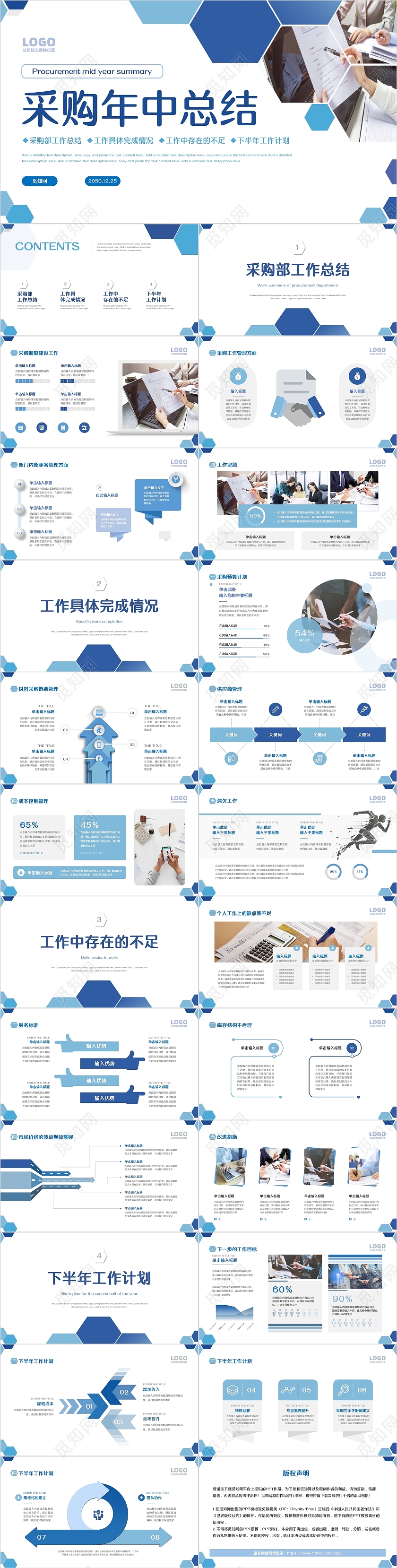 蓝色商务简约采购年中总结PPT模板