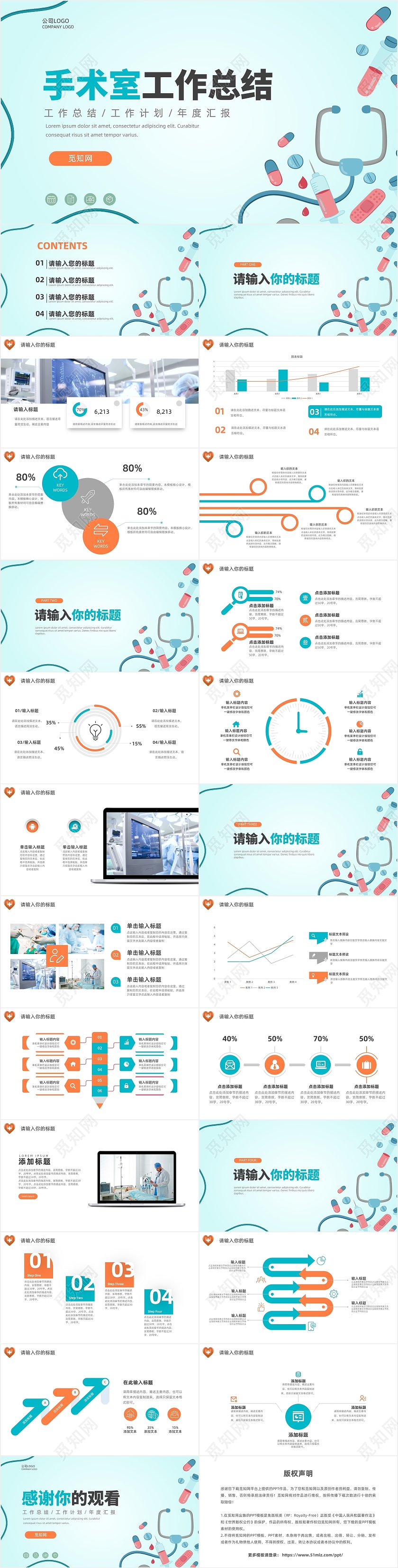 蓝绿色简约医院医疗手术室工作总结汇报PPT模板