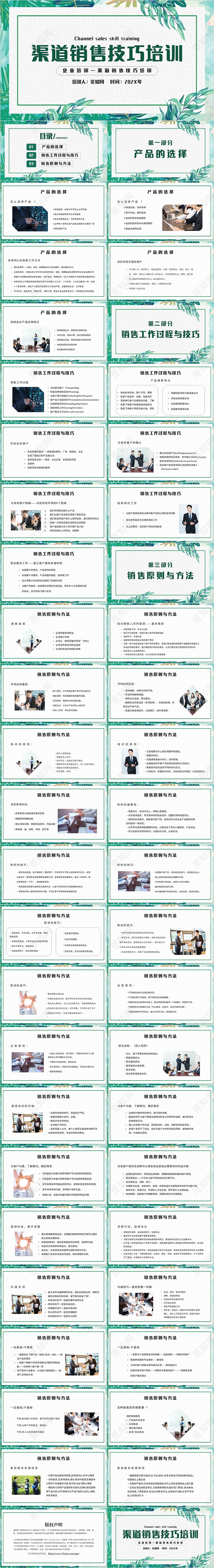绿色水彩风春季树叶边框渠道销售技巧培训主题PPT模板