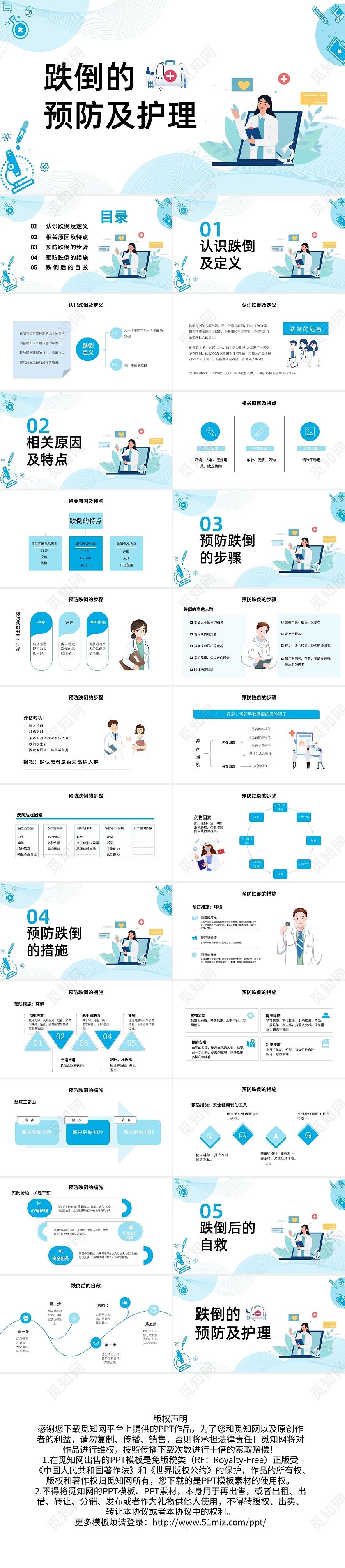 蓝色简约跌倒的预防及护理PPT模板宣传PPT动态PPT
