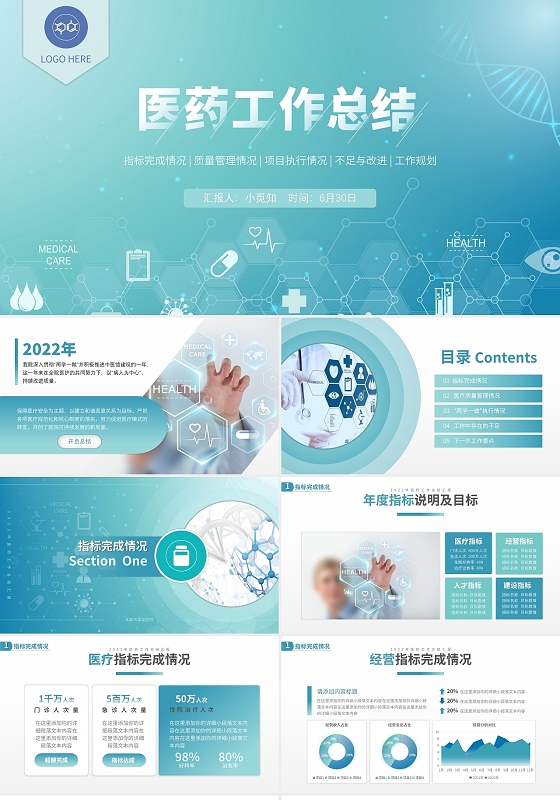 蓝色商务风医疗医药工作总结工作汇报PPT模板医疗工作总结