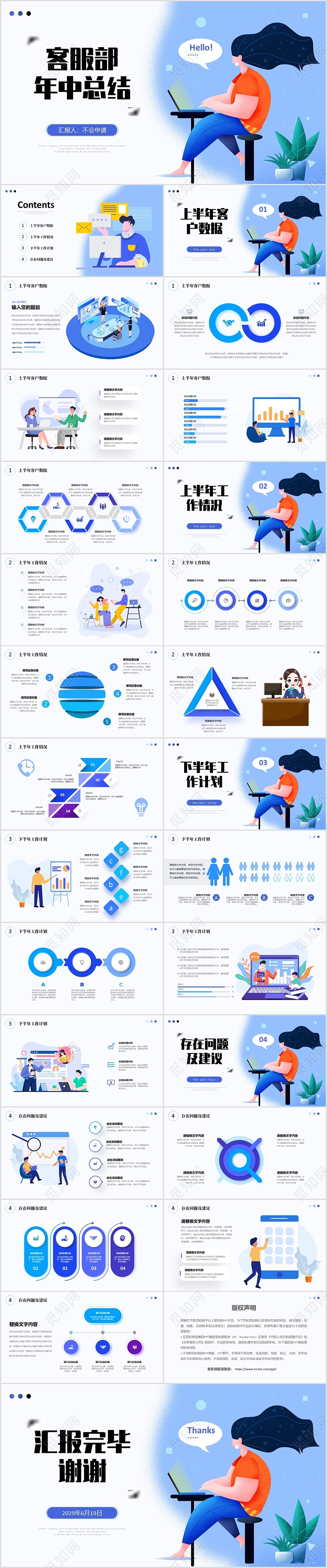 蓝色手绘插画公司客服部门年中工作总结PPT客服年中总结