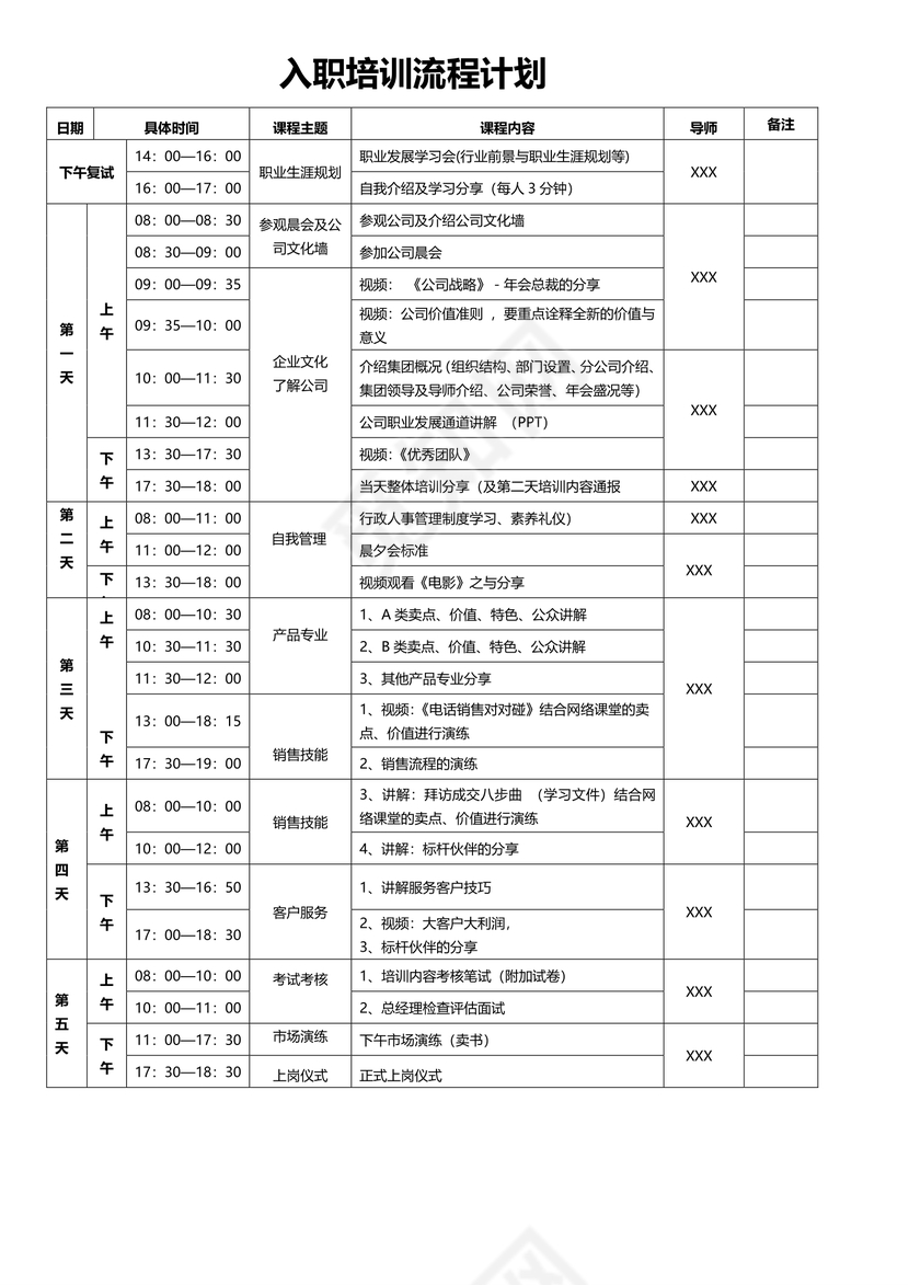 入职培训流程计划