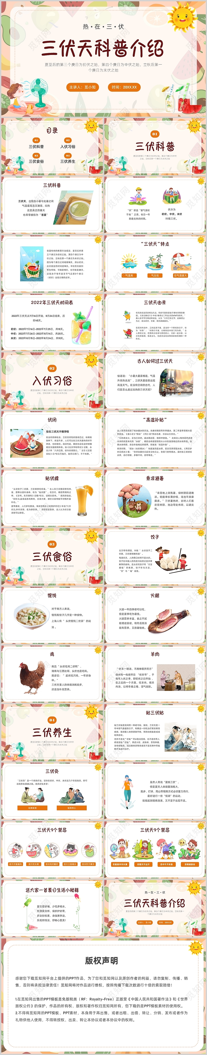 黄色卡通清新夏天三伏天科普介绍PPT课件