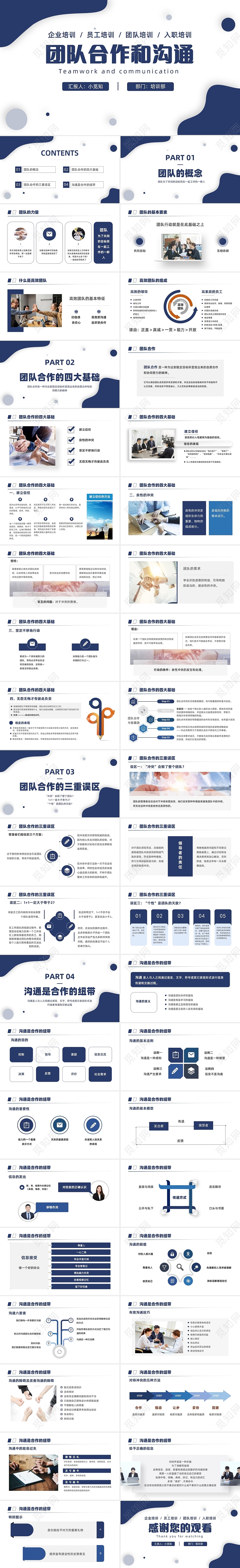 高端蓝色商务简约团队合作和沟通PPT模板