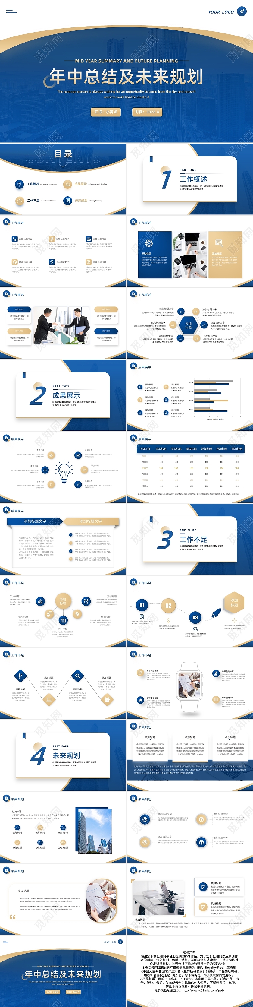 黄蓝简约年中总结及未来规划PPT模板宣传PPT动态PPT年中工作总结汇报节日