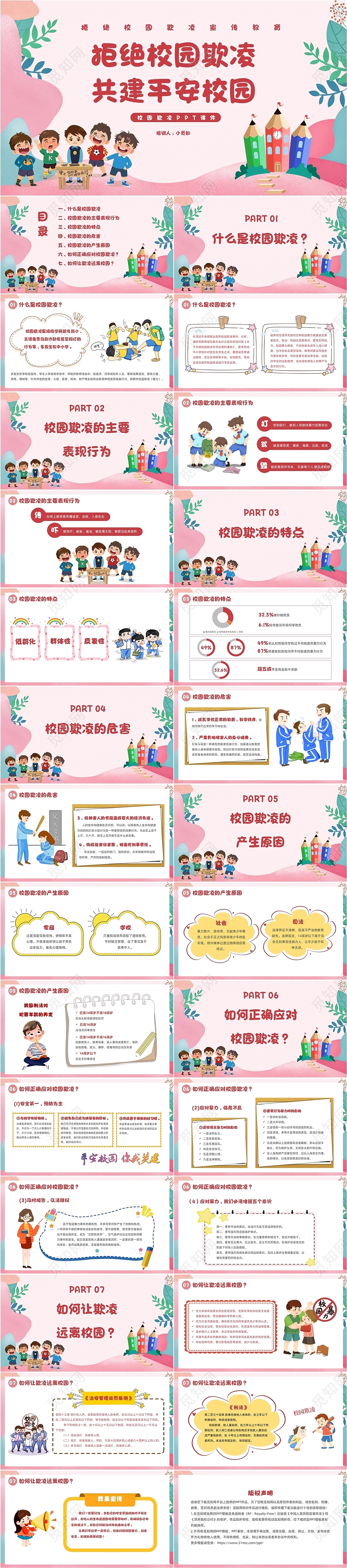 红色卡通拒绝校园欺凌主题教育PPT