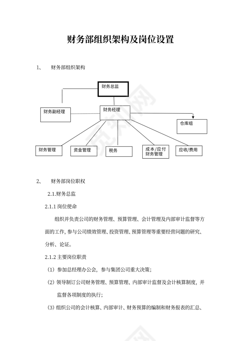 财务部组织架构及岗位设置