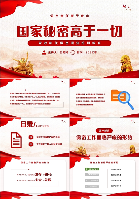 建党白色红色红绸带机关单位保密知识培训主题PPT模板