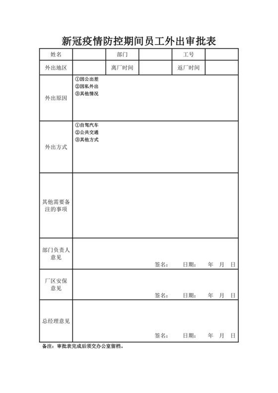 白色简洁新冠疫情防控期间员工外出审批表疫情防控登记表
