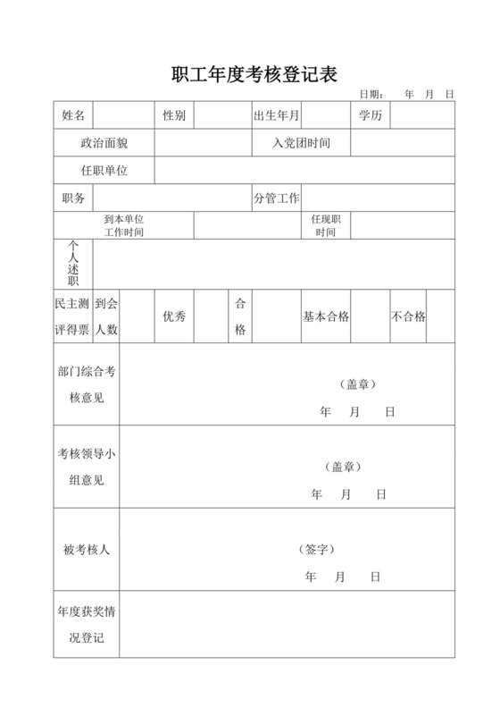 年度考核登记表绩效考核表
