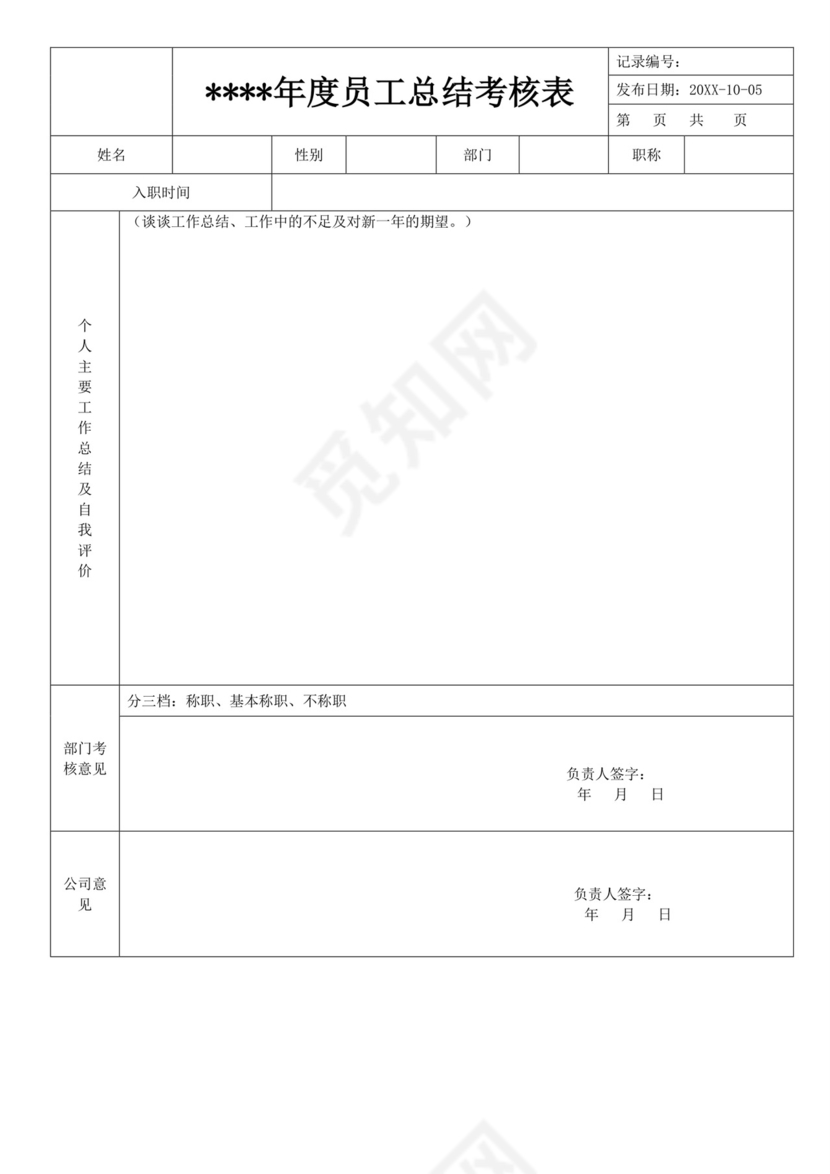 年度考核登记表绩效考核表