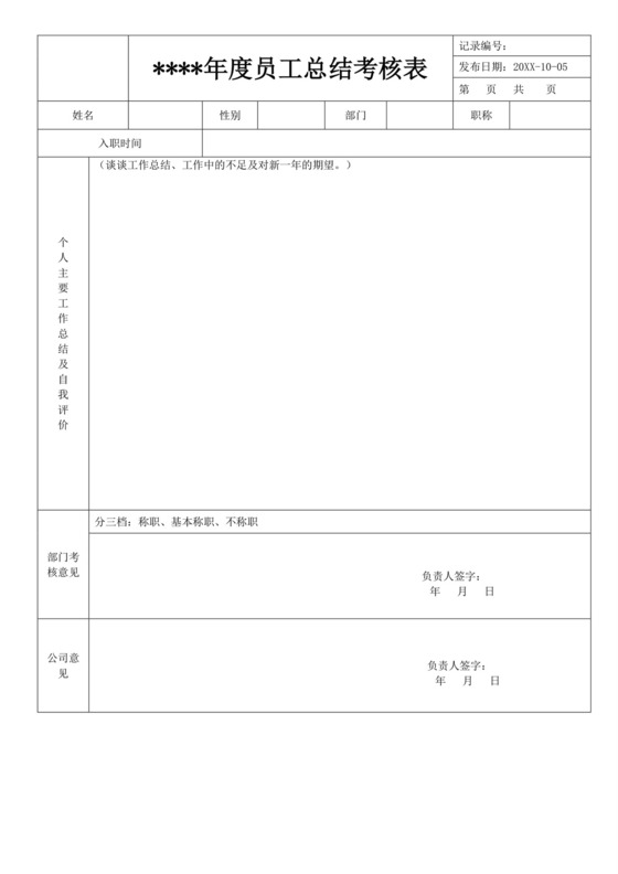 年度考核登记表绩效考核表