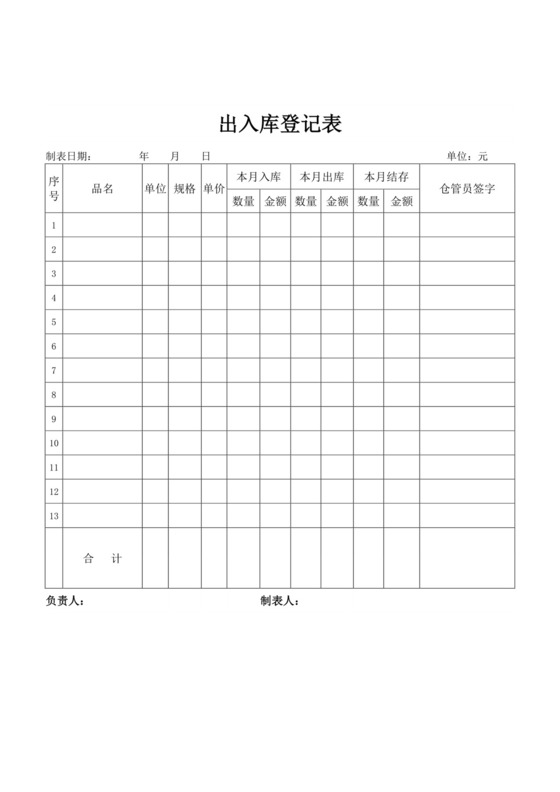 出入库登记表库房登记表
