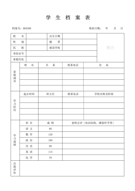白色简洁学生档案表格学生登记表