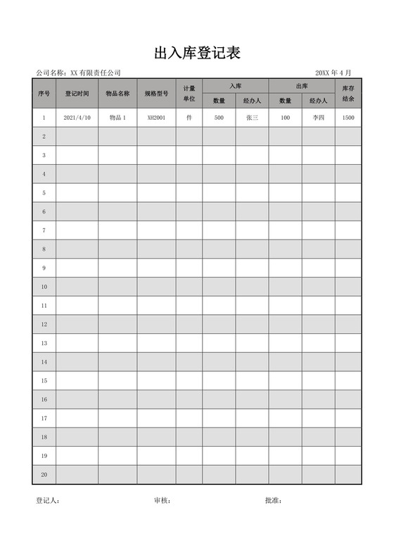 出库入库信息登记表模板出入登记表