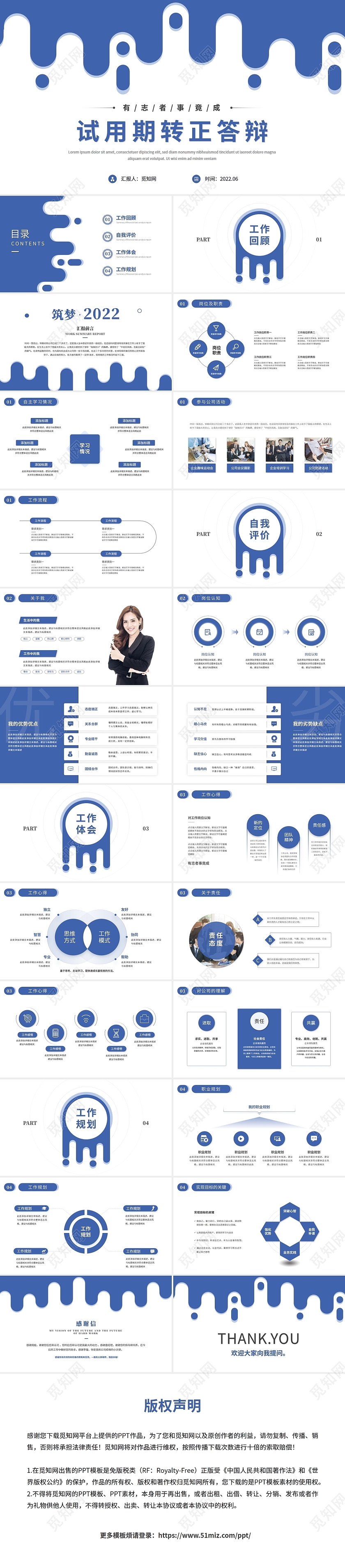 蓝色简约试用期转正答辩工作汇报述职报告自我介绍ppt模板