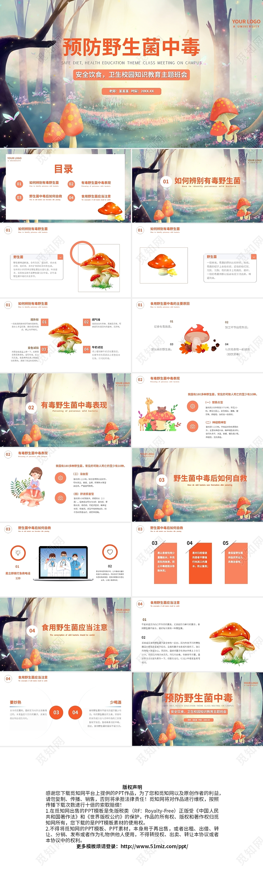 蓝色卡通预防野生菌中毒说课课件PPT模板幼儿园