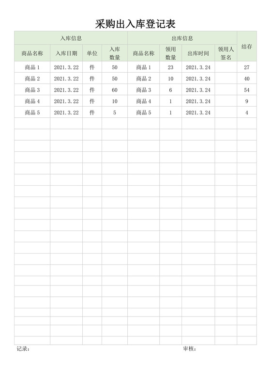 绿色简约采购出入库登记表出入登记表
