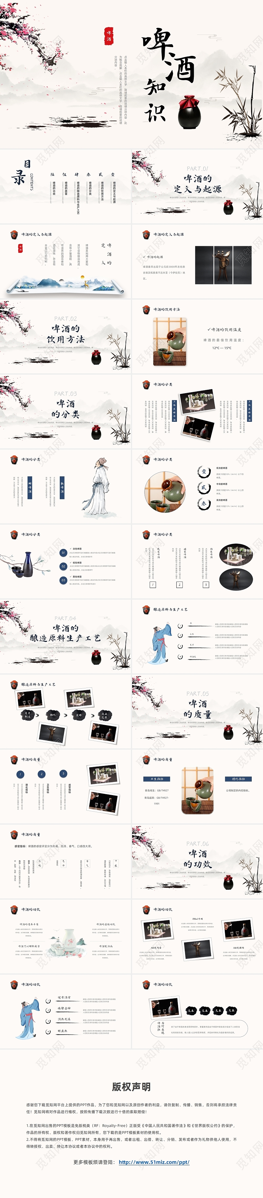 中国风水墨水彩古代人物酒产品介绍知识科普PPT模板啤酒