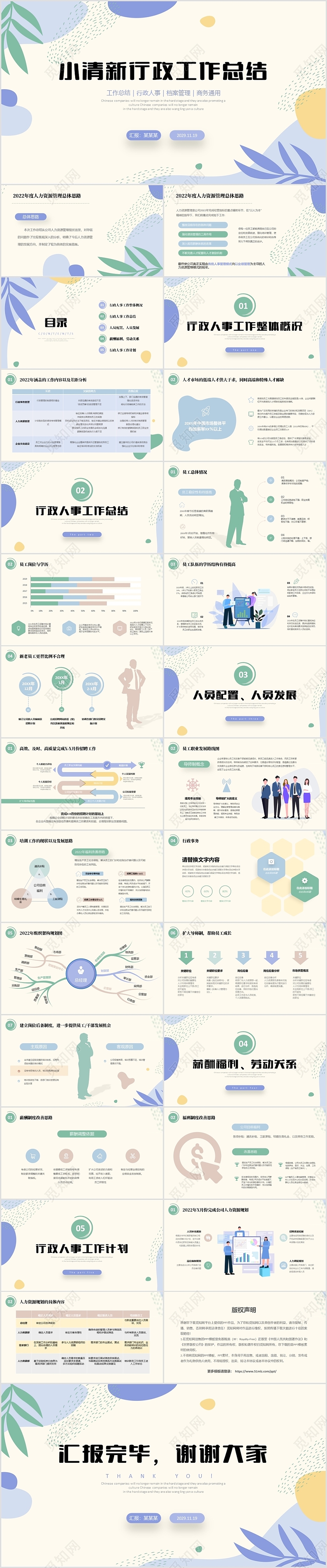 小清新树叶色块行政部工作总结述职报告项目汇报PPT行政工作总结