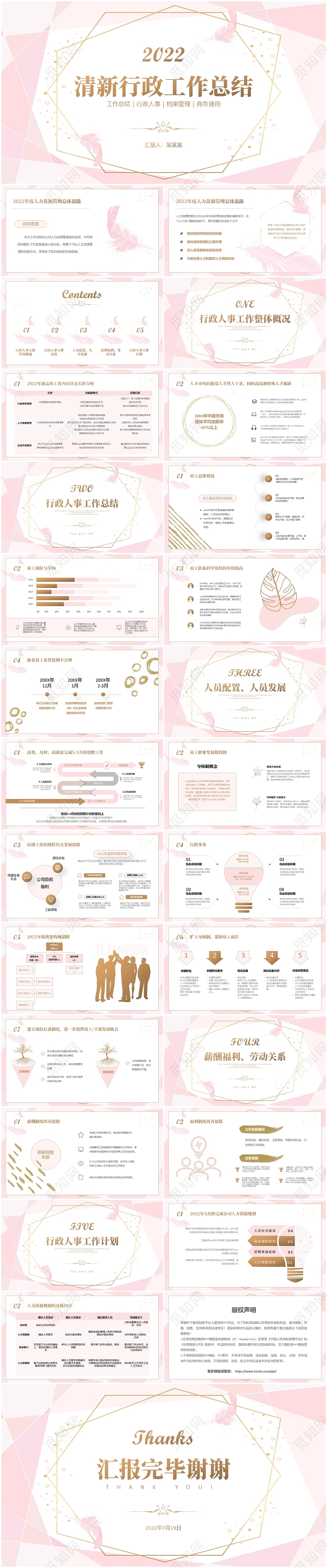 温馨粉色羽毛行政部工作总结述职报告项目汇报PPT行政工作总结