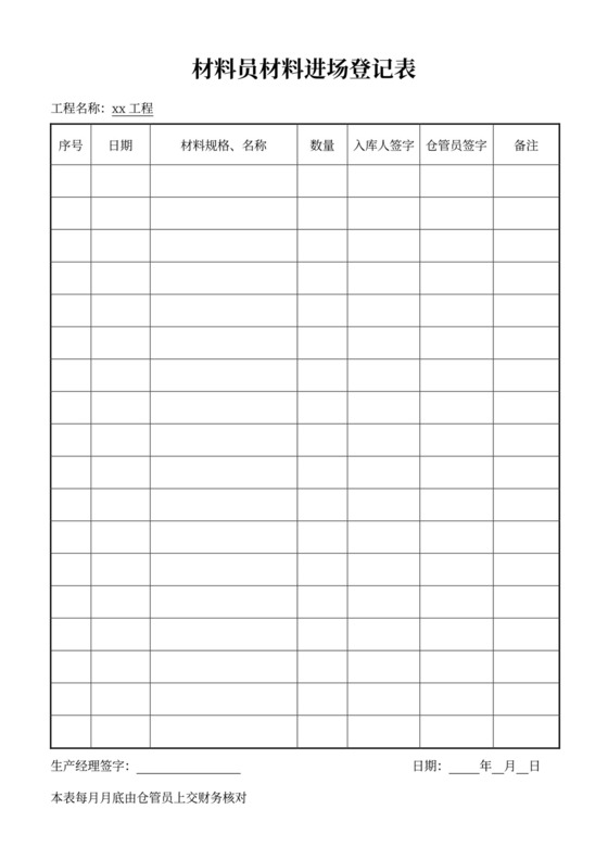材料员材料进场出厂登记表出入库登记表