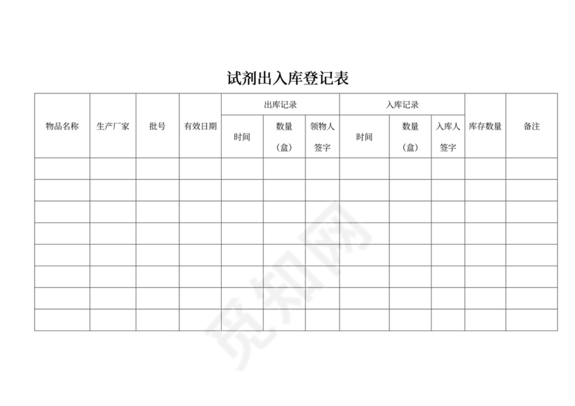 试剂出入库登记表模板