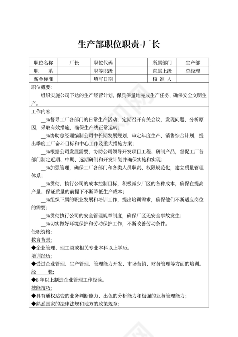 白色简约生产部岗位职责
