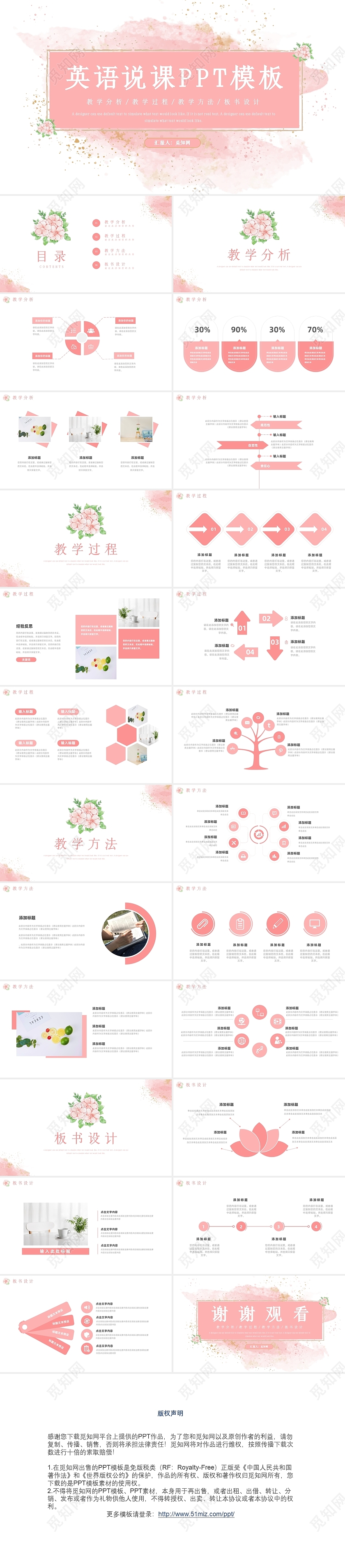 粉色简约小清新水彩英语说课PPT模板