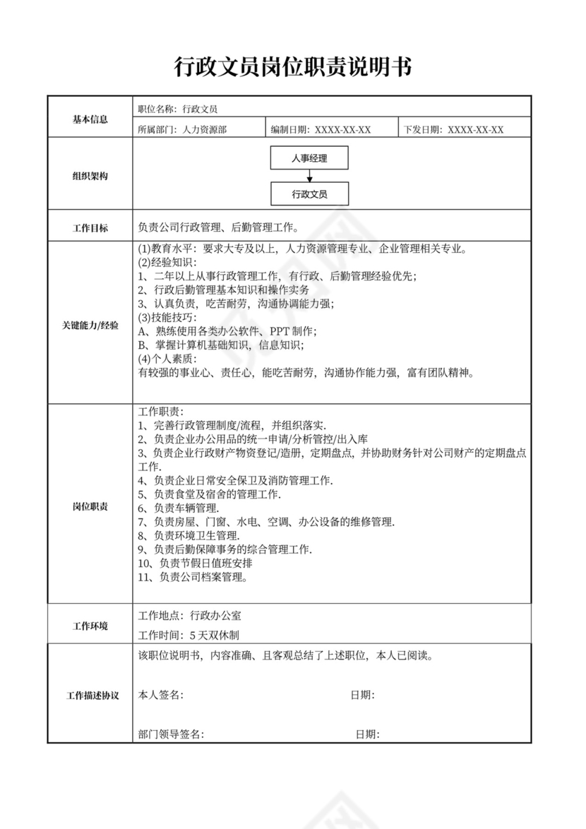 白色简约行政文员岗位职责说明书