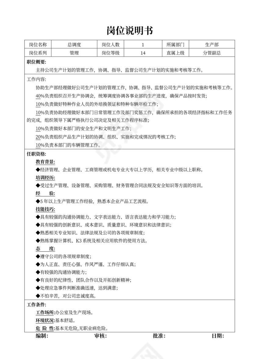 公司生产部岗位说明书生产部岗位职责