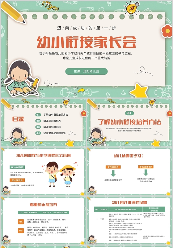 绿色卡通家长会幼升小衔接家长会PPT课件幼小衔接家长会