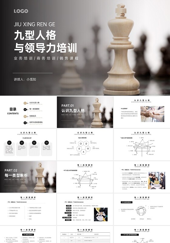 灰色商务简约九型人格与领导力培训PPT课件