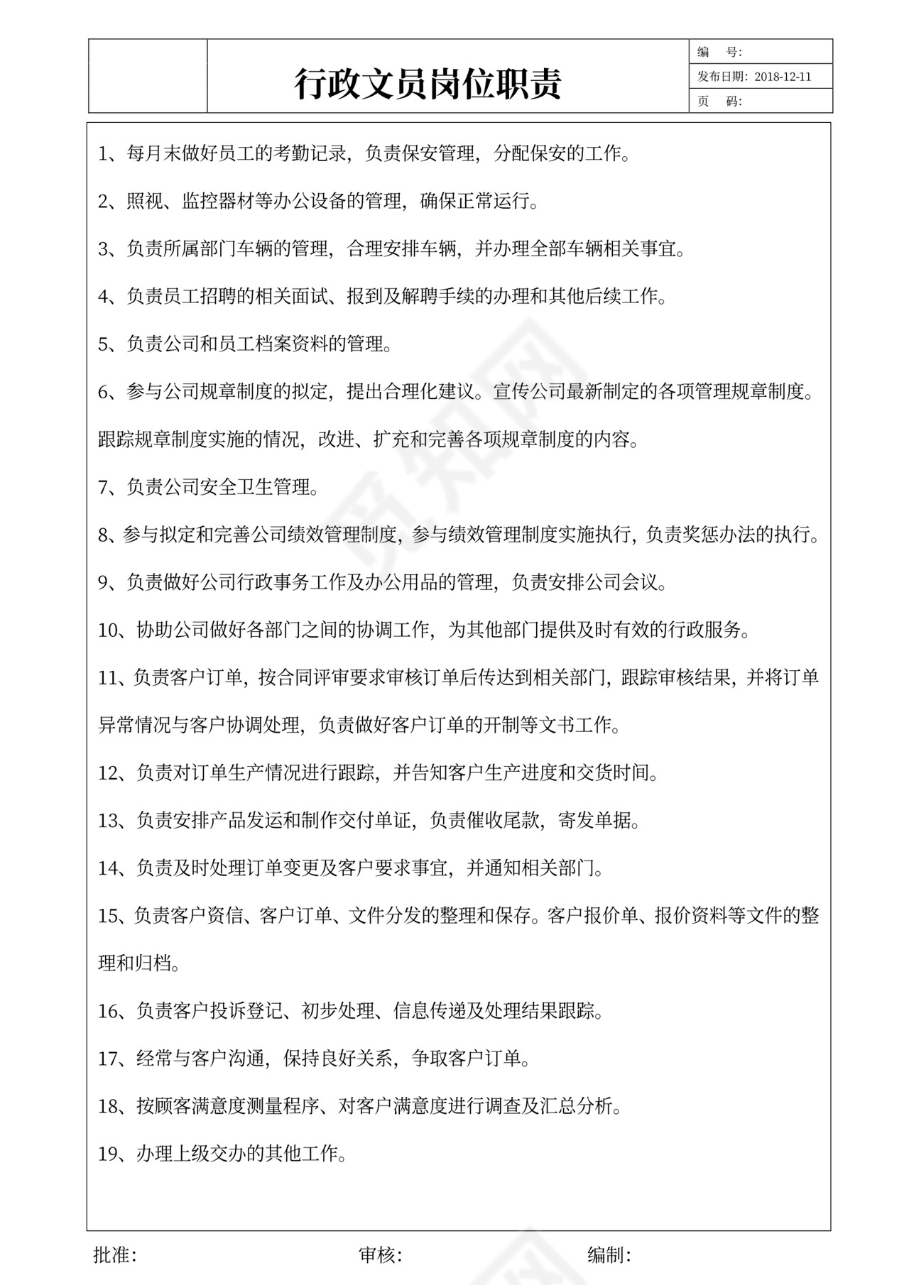 白色简约文员岗位职责员工岗位职责模板