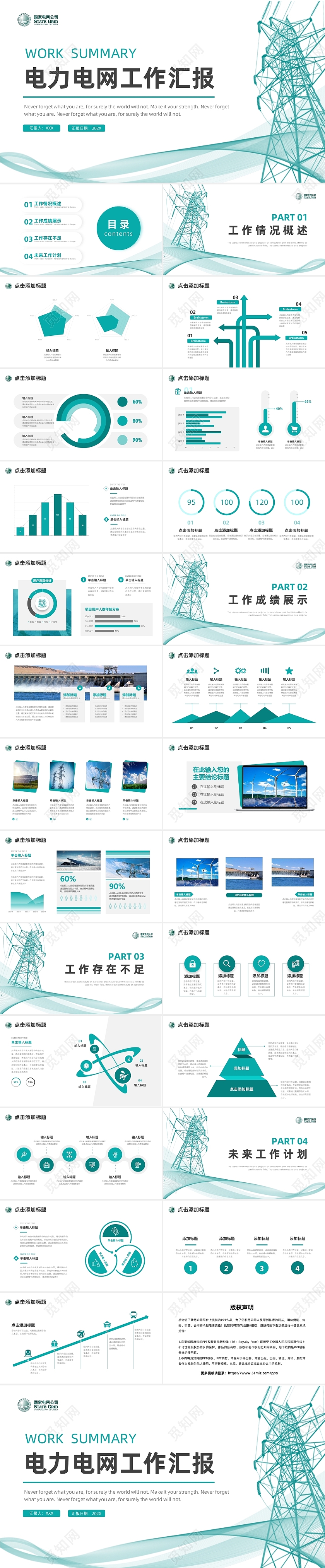 绿色简约线条电力电网工作汇报PPT模板