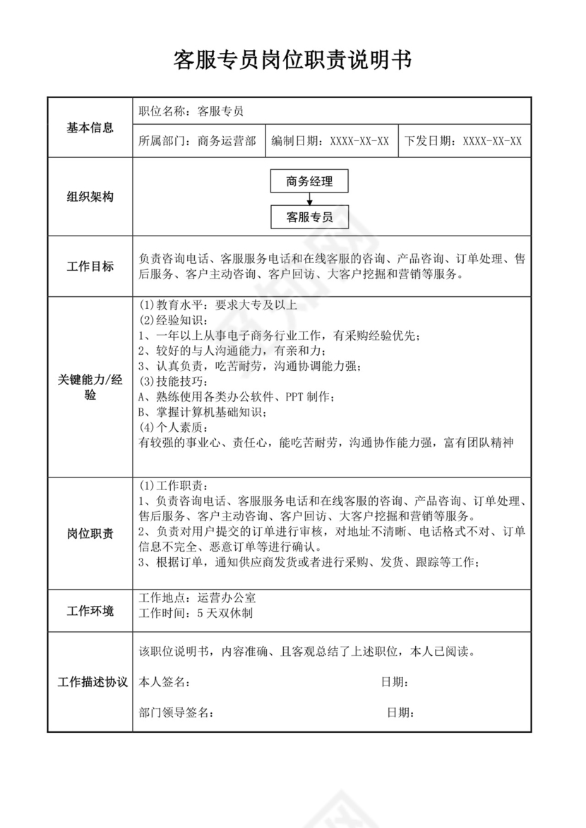 客服专员岗位职责说明书客服部岗位职责