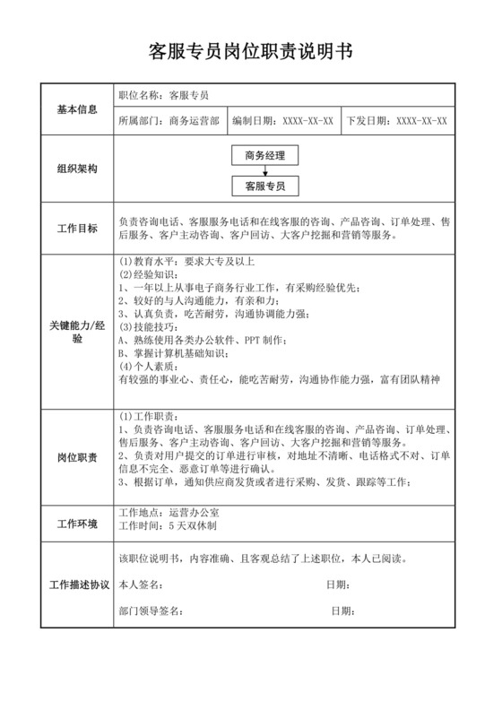 客服专员岗位职责说明书客服部岗位职责