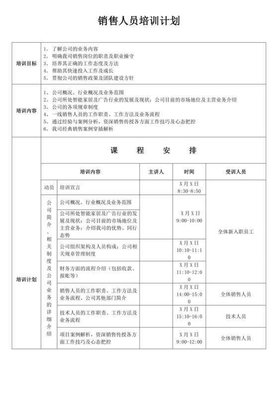 销售人员培训计划模板